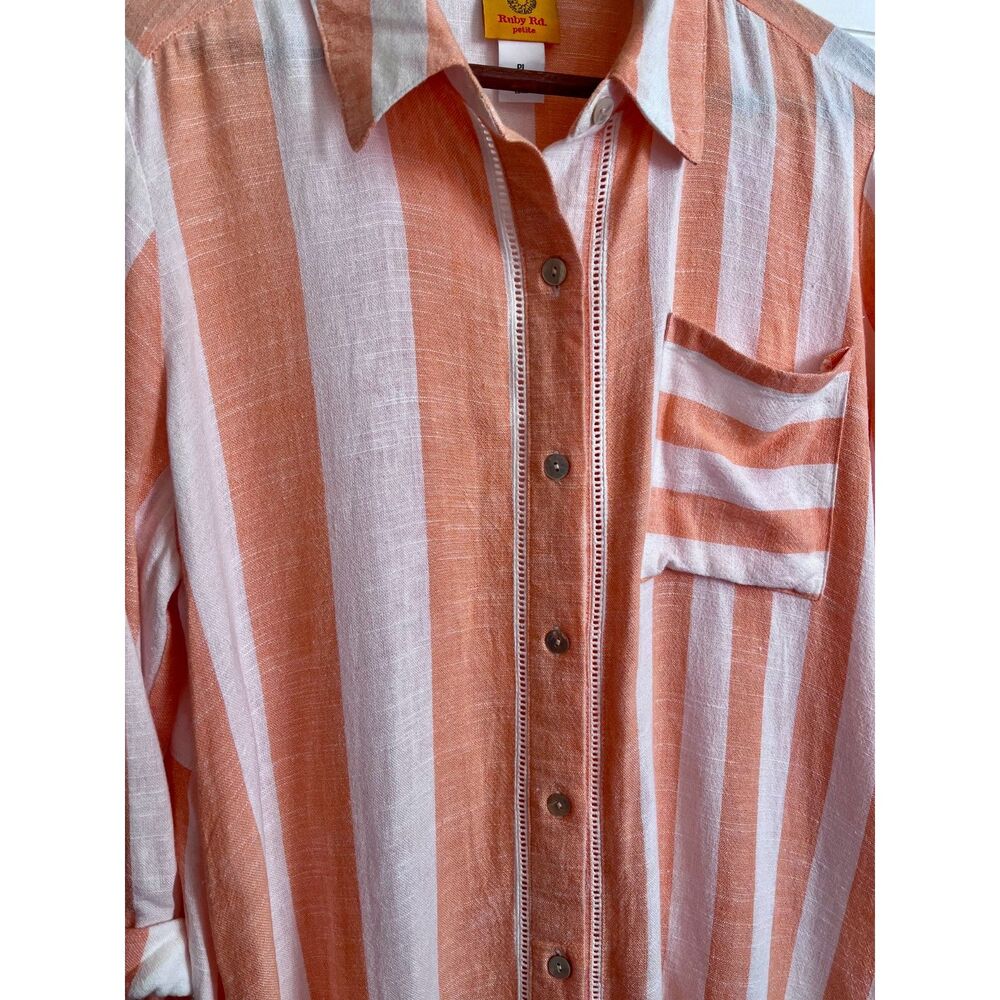 Ruby Rd petite orange/white striped linen button down blouse large - Picture 4 of 4